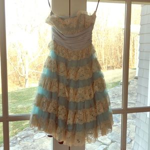 Blue Taffeta & Lace Strapless Betsey Johnson Dress